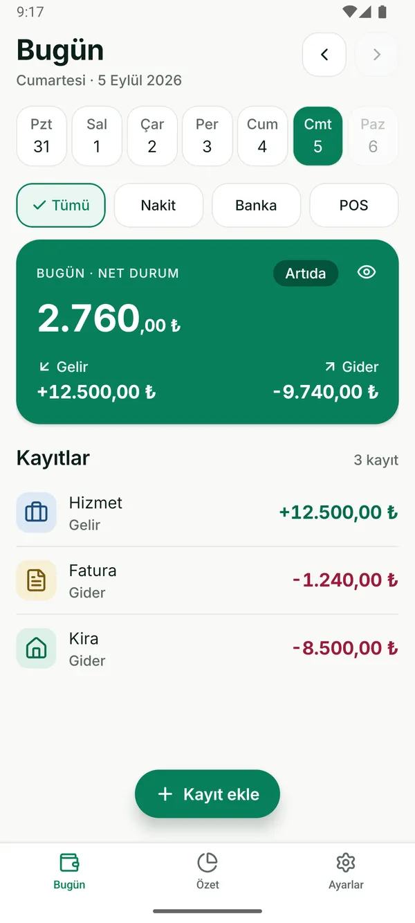 HesapCep Bugün ekranı: günün net durumu 2.760,00 ₺, altında günün üç kaydı