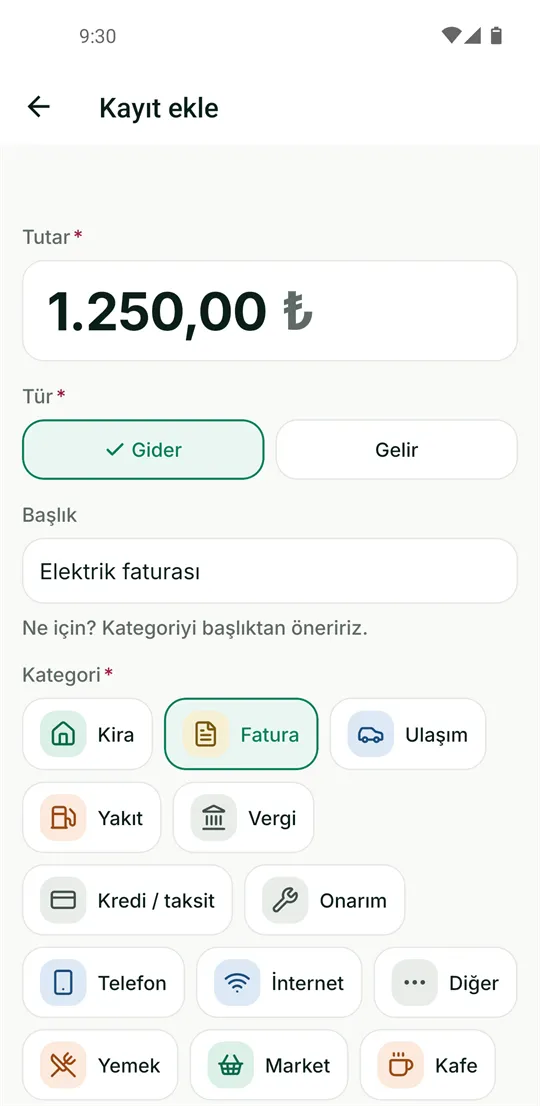 Kayıt ekle ekranı: tutar 1.250,00 ₺, tür Gider, başlık Elektrik faturası, önerilen kategori Fatura