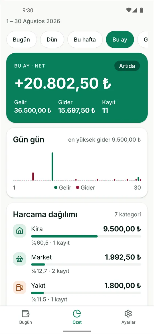 Özet ekranı: bu ay net +20.802,50 ₺, gün gün grafik ve harcama dağılımı
